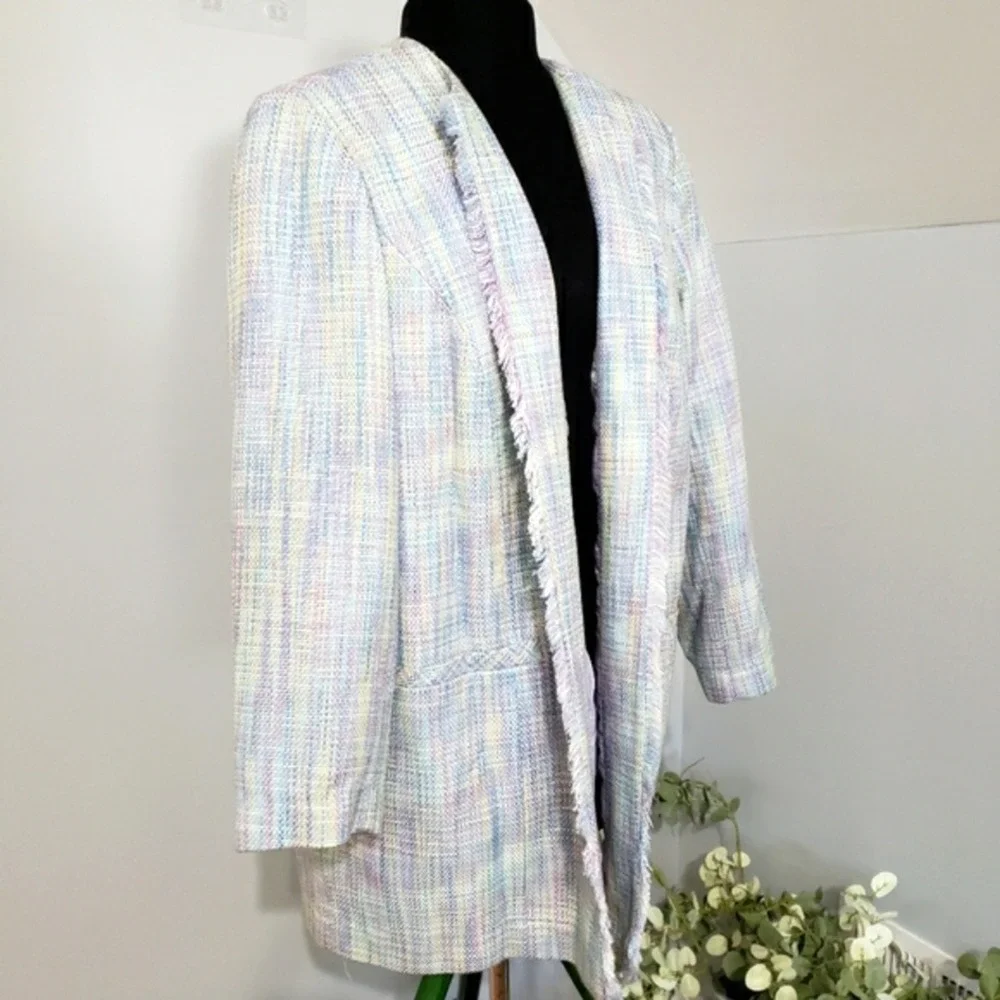 Vintage Maggie Barnes Pastel‎ Mint Lavender Raw Frayed Open Blazer Plus Size 18W